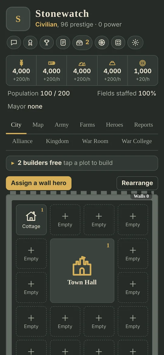 The city screen: resources, builders and the town's building plots